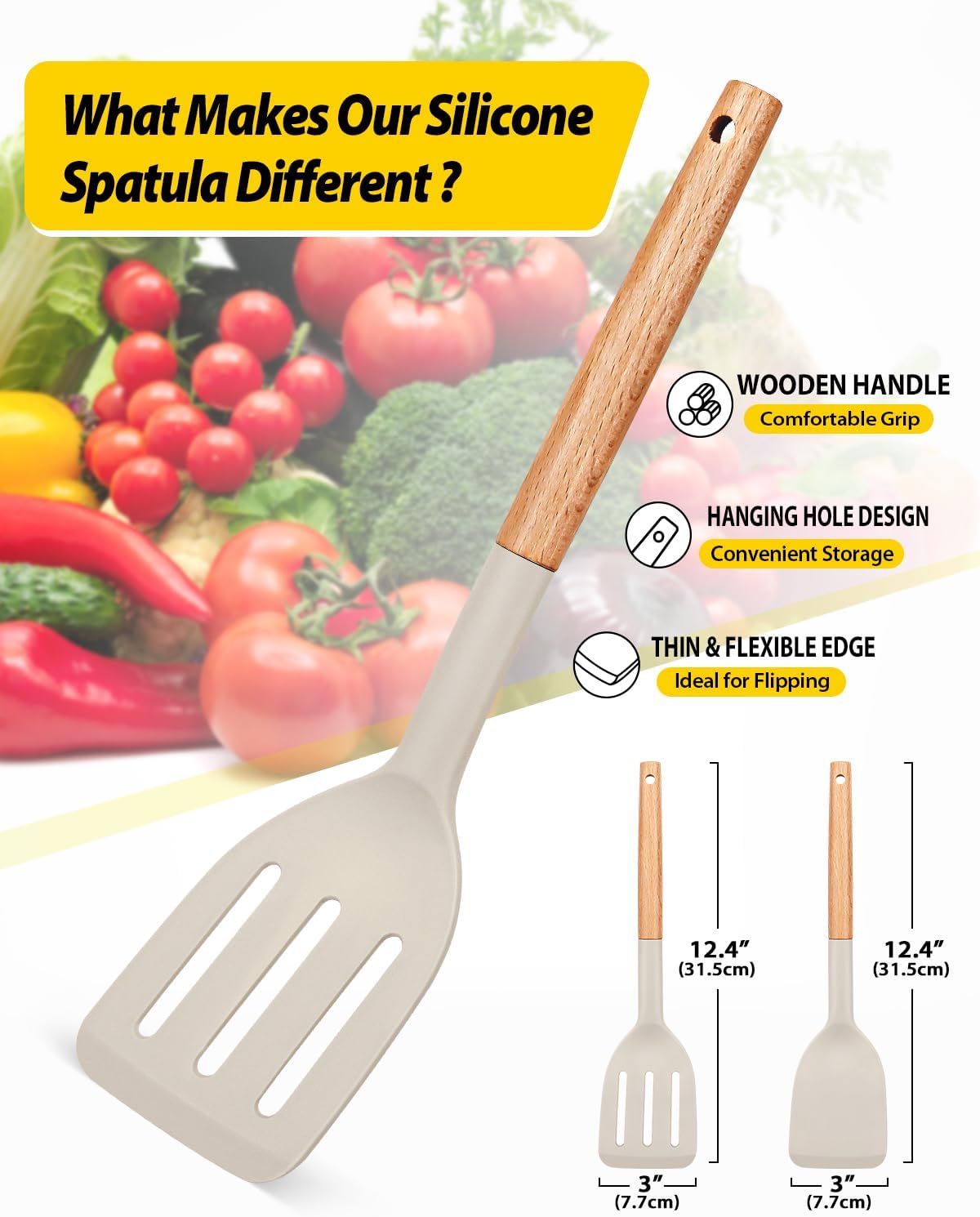 Skiennix Silicone Cooking Spatula Set - Heat Resistant Non-Stick Slotted Turner | 2-Pack with Wooden Handles