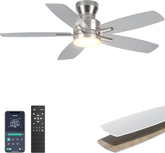 Ohniyou Ceiling Fans with Lights, 42'' Low Profile Ceiling Fan with Light and Remote/APP Control, Modern Flush Mount Ceiling Fan for Indoor Bedroom Kitchen, Dimmable, Qiuet DC Motor, Silver