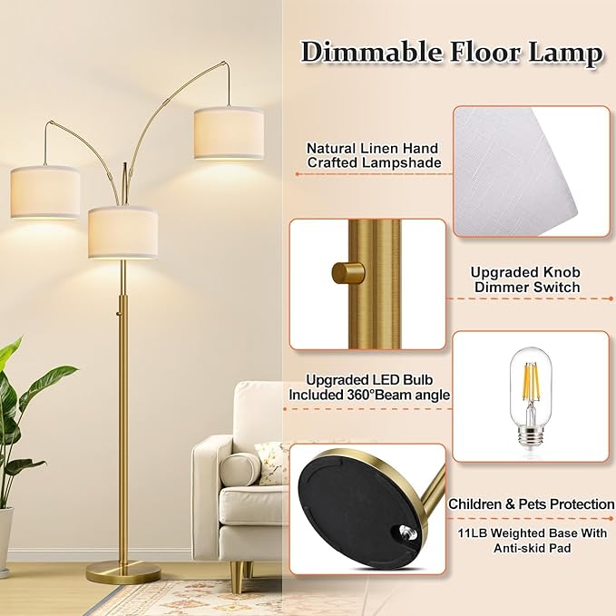 Nintiue Dimmable Floor Lamp - 3 Lights Brass Floor Lamps for Living Room Linen White Shades & Heavy Base, Mid Century Tree Floor Lamp for Bedroom Office, 3 LED Bulbs Included