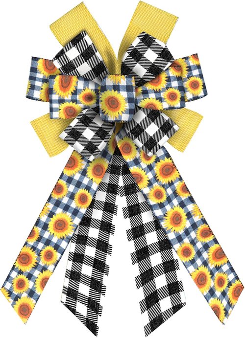 ABTOLS Large Spring Bows - Black & White Buffalo Plaid | Yellow Floral Wreath Decor for Indoor & Outdoor Use
