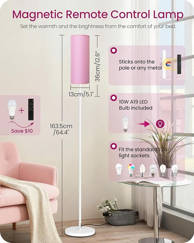 Dimmable Floor Lamps for Living Room with Remote and Foot Switch, 64.4” Modern Standing Tall Lamp, Corner Lamp for Bedroom, Bulb Included, 3000K-6500K, FCC Listed, Pink and White WP06LD05W1