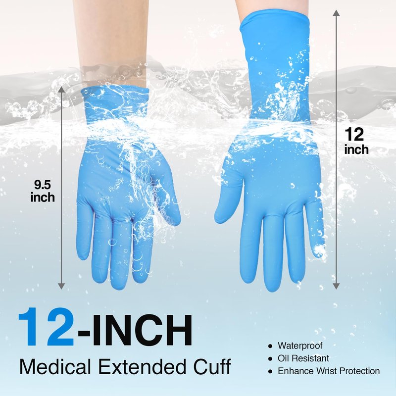 Schneider Nitrile Exam Gloves, Extended 12 Inches Cuff, Medium, 4 mil, 50-ct Box, Gloves Disposable Latex Free, Powder Free for Medical, Food Prep, Cleaning, Cooking, Blue