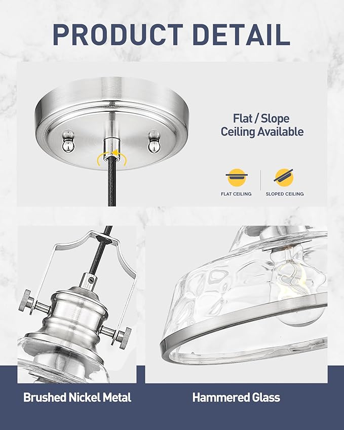 kudos Pendant Lights Kitchen Island, 11" Large Brushed Nickel Kitchen Island Lighting with Clear Hammered Glass Shade, Industrial Hanging Light Fixture for Kitchen Sink Dining Room, KDPL13-BN-H