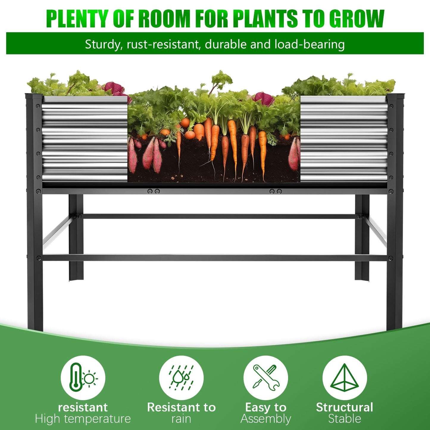 Doniks Raised Garden Bed with Legs, 48×48×32in Large Outdoor Metal Galvanized Garden Planting Box,1000lb Capacity for Vegetables Lawn Green Flowers, Fruits, Terrace
