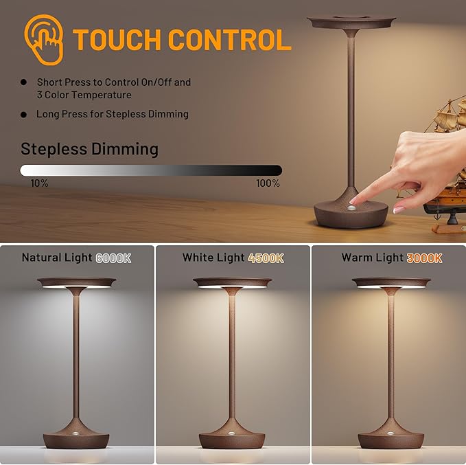 2 Pack LED Rechargeable Cordless Table Lamps, Portable Outdoor Battery Operated 3 Color Stepless Dimming Tables Light with Memory Function for Patio Restaurant Dining Room Rust