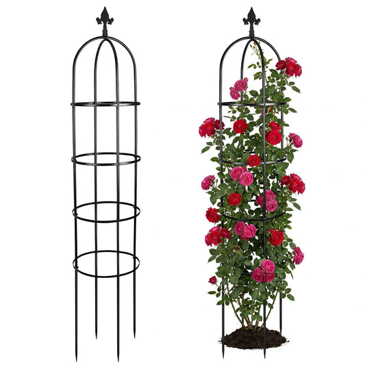 HEYTIMI 2 Pack 6 Ft Heavy Duty Metal Garden Obelisk Trellis for Climbing Plants, Rust‑Resistant Black Steel Vine Support for Rose Clematis Jasmine, Potted Flower Stand Indoor & Outdoor Decor (Floral)