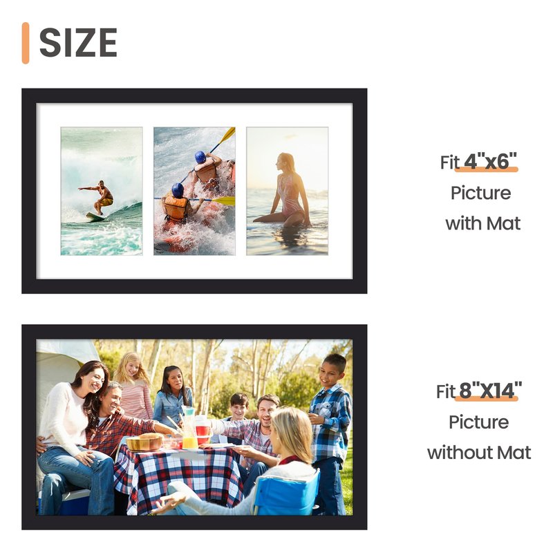 upsimples 8x14 Collage Picture Frame, Display Pictures 3 4x6 with Mat or 8x14 Without Mat, Wall Hanging 3 4x6 Picture Frame Collage Wall Decor, Black, 1 Pack