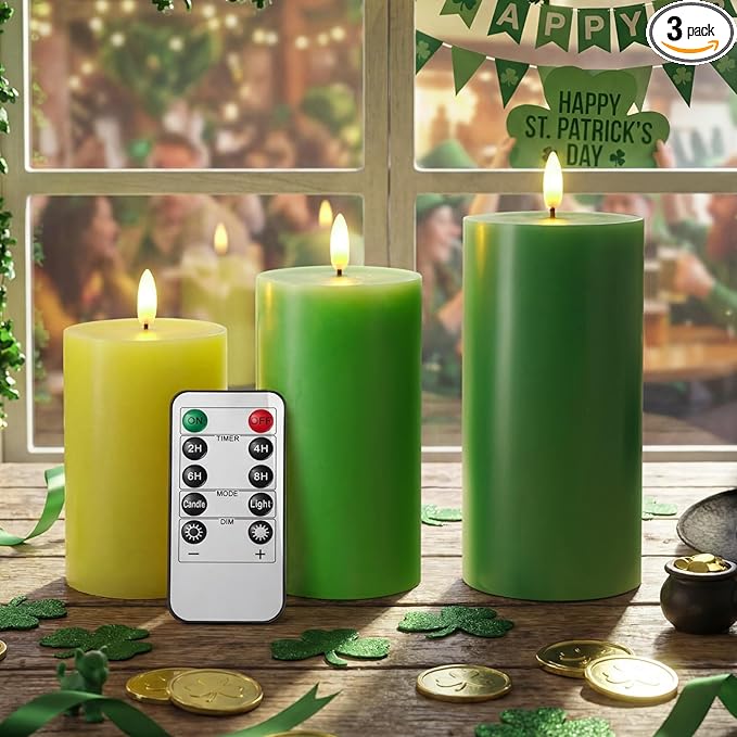 3 Pcs St Patrick s Day Flameless Candles Battery Operated Wax LED Flickering Flameless Pillar Candles with Remote for Home Table Wedding Holiday Party Decor