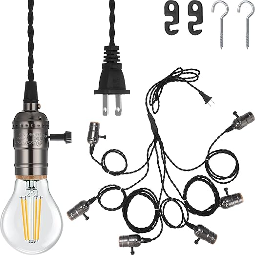 1 Pcs Vintage Pendant Light Sockets Light Cord Kit with Switches DIY Bulb Socket with Cord for E26 E27 Lamp Socket Lantern Bedroom Living Room Decor (1 Plug with 6 Sockets,Black)