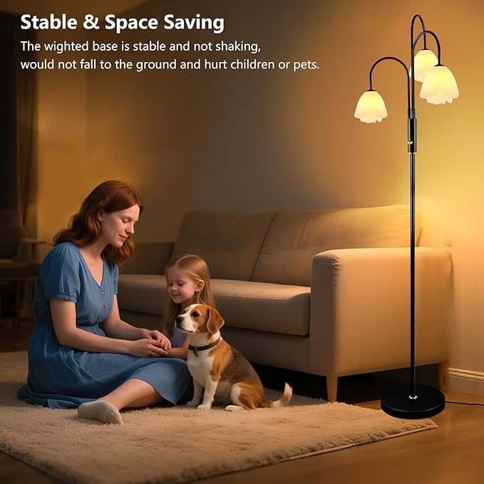 Lightdot 70IN Dimmable Floor Lamp for Living Room, 3 Light LED Tree Floor Lamp with Floral Shade& Bulb Included for Wedding/Party, Mid Century Standing Tall Lamp for Sofa Beside/Corner Decor-Black