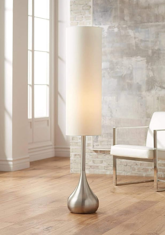 Possini Euro Design Modern Mid Century Modern Droplet-Shaped Floor Lamp 62" Tall Brushed Nickel Silver Metal Cotton Blend Cylinder Drum Shade Decor for Living Room Reading House Bedroom Home"
