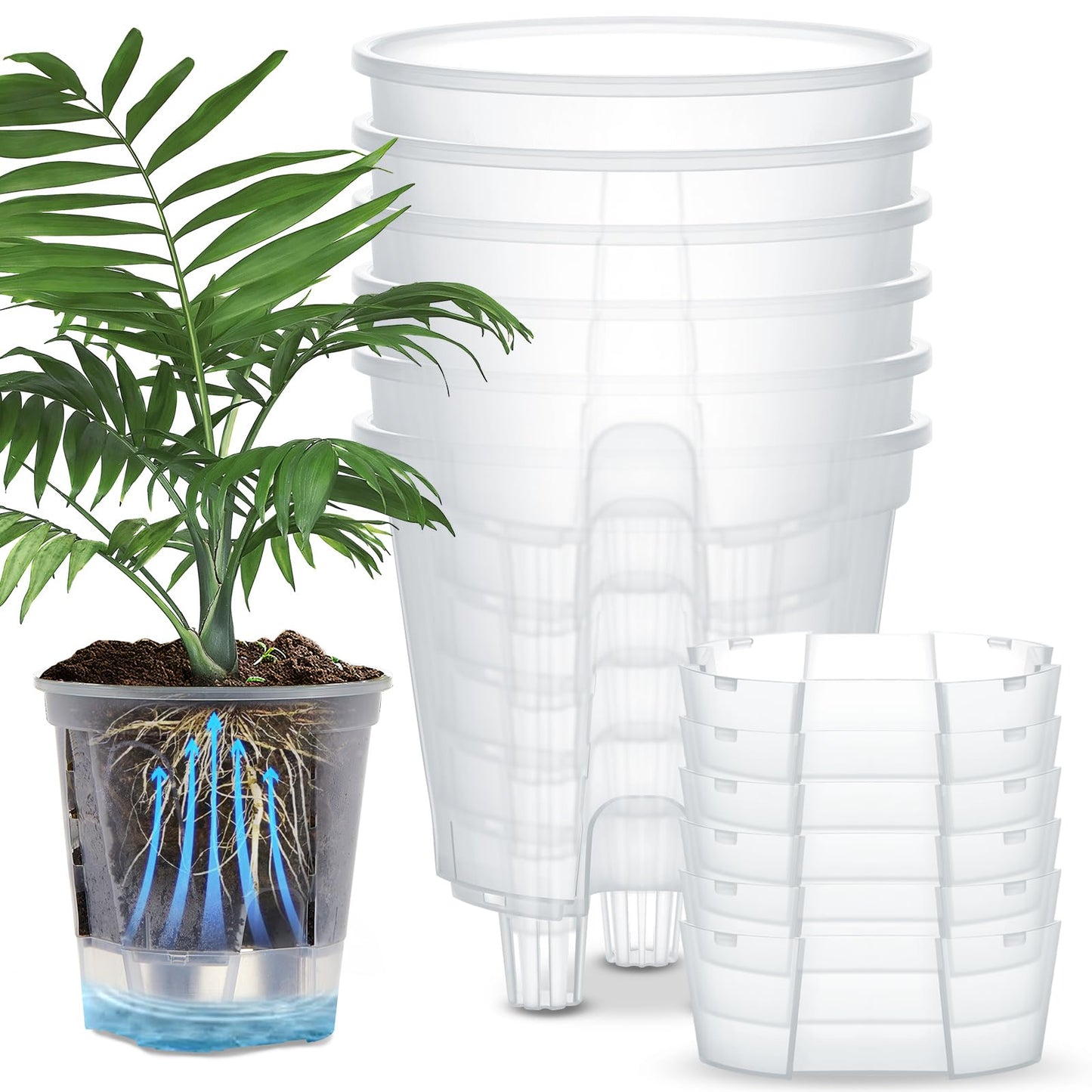 Wonderjune Self Watering Pots for Indoor Plants with Deep Reservoir and High Drainage Holes for Outdoor Plants and Flowers, Bare Root Planter(8.27'',Clear,6 Pcs)
