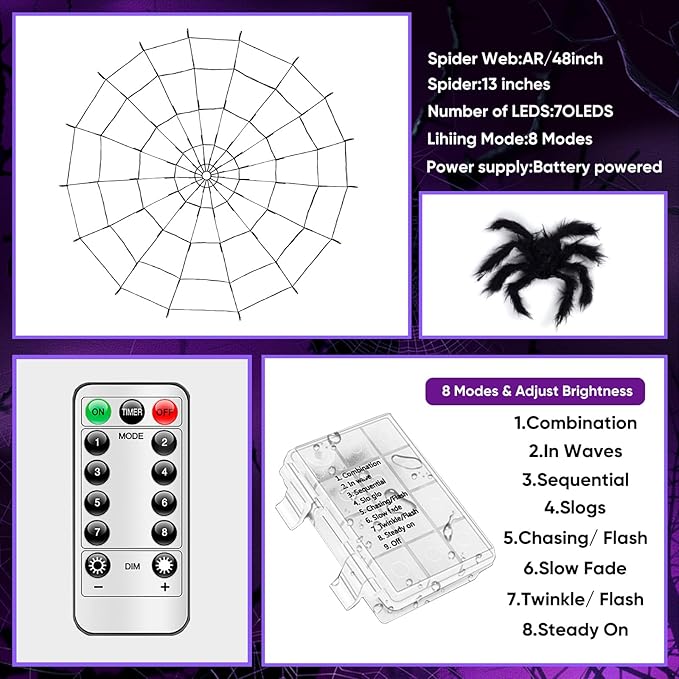 Halloween Decorations Spider Web Lights - 2 Pcs Light Up Spider Web, 4FT Diameter 70 LED with Black Spider, Waterproof, Remote Control, 8 Modes Cobweb Halloween Decorations (Purple+Orange)