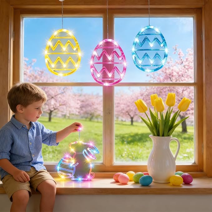 3 Pack Easter Lights for Window,Easter Window Hanging Lights Decorations LED Egg Shaped Battery Operated with Suction Cup for Home Bedroom Decor
