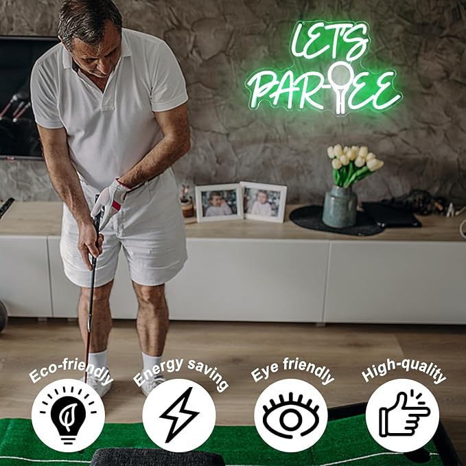 Let's Par Tee Neon Sign Golf Neon Signs for Wall Decor Green White LED Golf Ball Neon Light Dimmable Hanging Wall Sign Neon Lights Signs for Golf Club Bedroom Man Cave Party Decor
