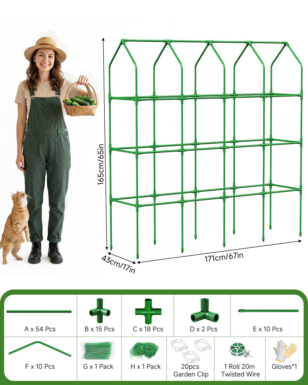 65" Cucumber Trellis for Climbing Plants Outdoor, Metal Garden Trellis for Raised Bed, Plant Support Structures with Netting for Cucumbers Tomatoes Beans Peas (67 * 17 * 65inch(L*W*H), Trellis)