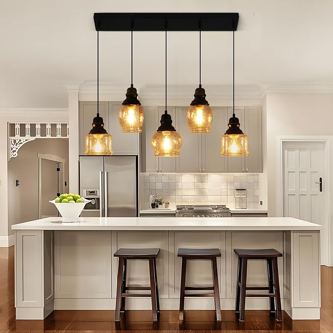 WILON Pendant Lights Kitchen Island, 5-Light Dining Room Light Fixture with Seeded Glass Shade, Farmhouse Chandeliers for Dining Room Matte Black Finish Hanging Linear Chandeliers for Kitchen Island