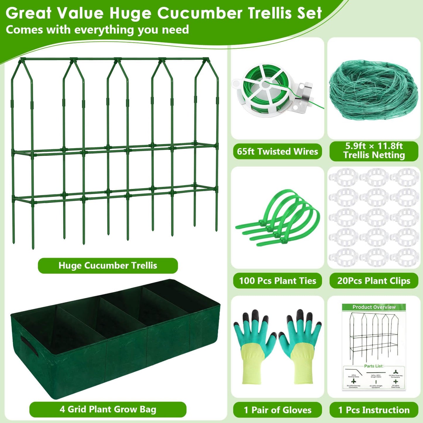 Large Cucumber Trellis for Climbing Plants with Grow Bag, 67"×65"×16.5" Metal Garden Trellis for Raised Bed with Garden Netting and Plant Clip Plant Ties for Vegetables, Squash, Pea, Grape, Tomato