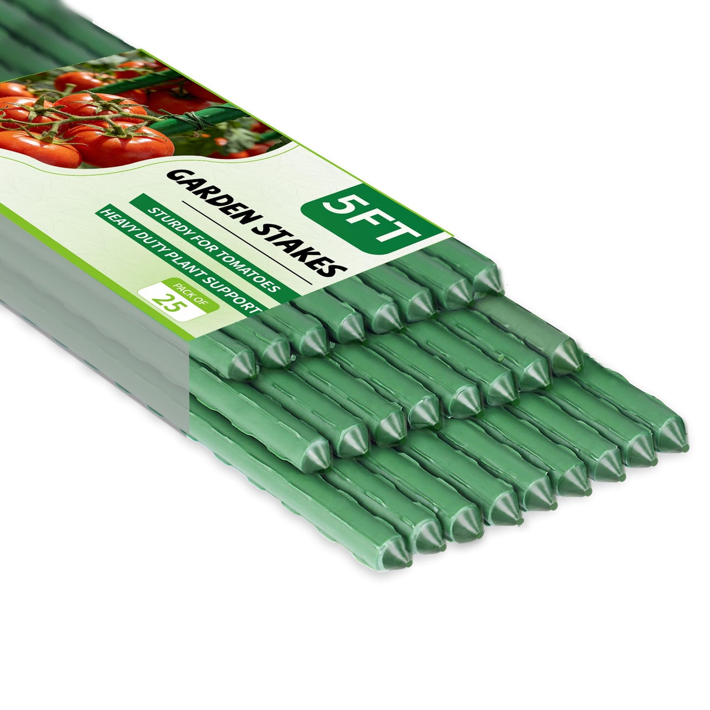25 Pack Garden Stakes 5FT (58 Inch), Heavy Duty Steel Tomato Stakes with Plastic Coating, Tall Plant Support Stakes for Outdoor Climbing Plants, Vegetables, Beans & Garden Use