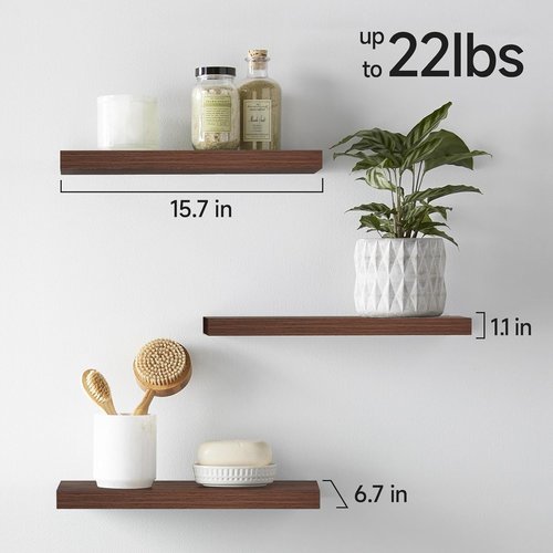 BAYKA Floating Wall Shelves - Rustic Wood Design for Bathroom, Bedroom & Living Room | Set of 3 (Walnut-Like, 15.7in)