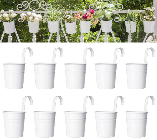 Dahey 10 Pcs Hanging Flower Pots Metal Iron Bucket Planter for Railing Fence Balcony Garden Home Decoration Flower Holders with Detachable Hooks, White, 4 Inches