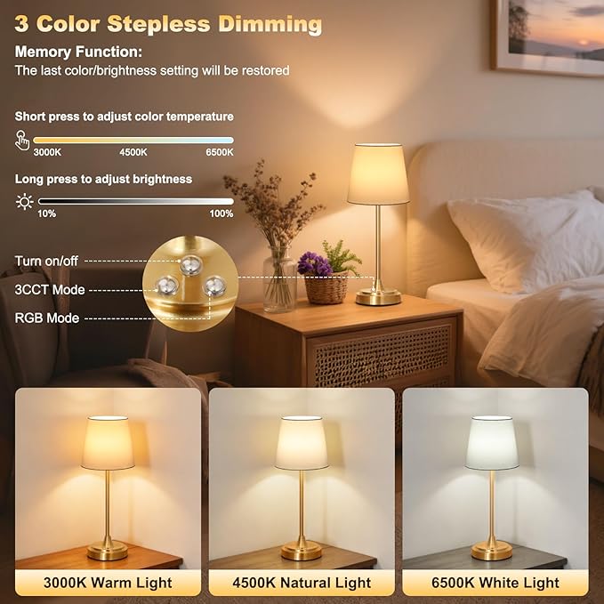 Cordless Table Lamp Rechargeable,5000mAh Battery Operated Desk Lamp,3 Colors & 7 RGB Stepless Dimmable,Touch Control Ambient Light for Bedside,Bedroom,Dining Room,Living Room,Gold,WhiteShade