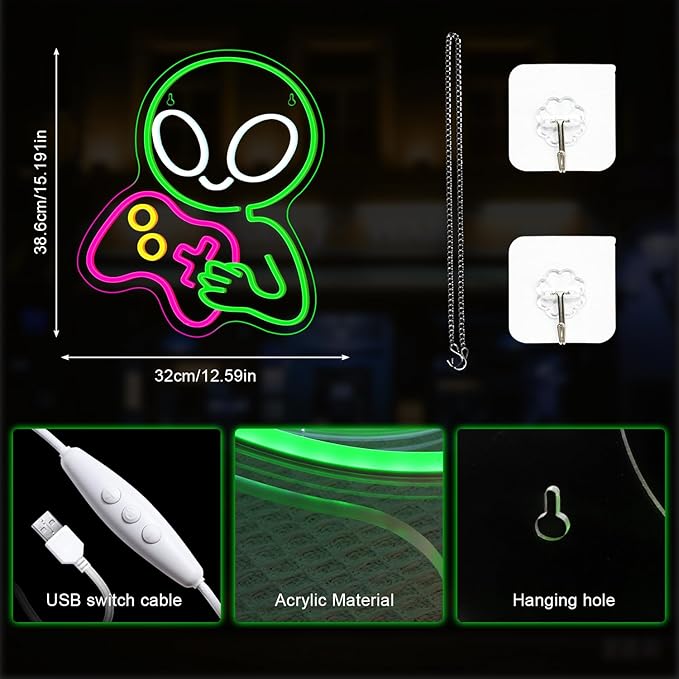 LUCUNSTAR Game Alien Neon Sign Gaming Dimmable Led Neon Lights for Wall Decor Game Room USB Powered For Man Caves Club Gamer Lover Teens Bedroom Home Decor Boys Gift