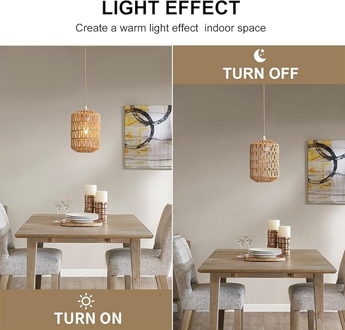 1-Light Rattan Pendant Light, Boho Light Fixture for Dining Room, Small Wicker Light Fixture, Rattan Chandelier Woven Hanging Light, for Kitchen Island Bedroom Hallway, ETL Listed