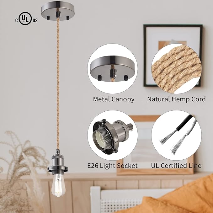 Industrial Mini Pendant Light Kit, E26 Socket Pendant Hanging Light, Hemp Rope Vintage Hanging Pendant Light Cord, Adjustable Pendant Lights Ceiling Mount Kitchen Island Farmhouse
