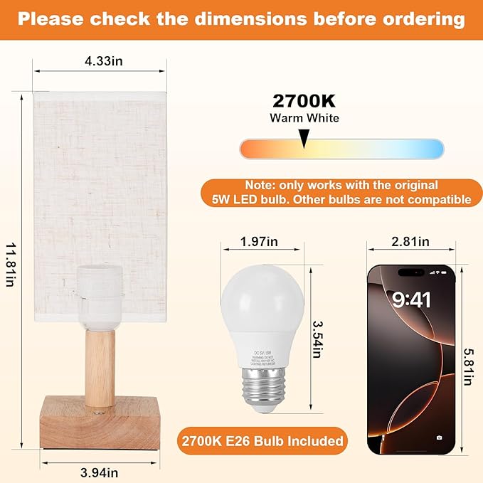 Small Corded Touch Square Table Lamp with Stepless Dimming, Natural Wood Base & Linen Fabric Shade, 5W Ambient Night Light for Bedroom, Bedside, Nightstand, Living Room, Nursery