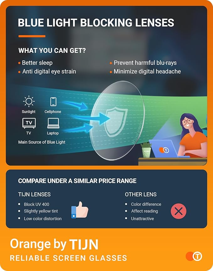 TIJN Sleep Glasses Blue Green Light Blocking Dual AR Coatings Amber Lens for Computer Gaming Screen Fatigue & UV Protection