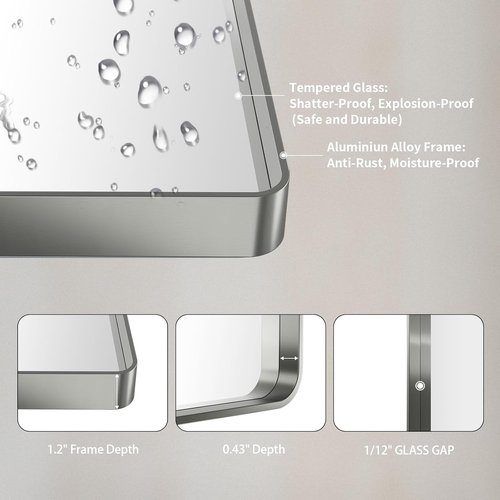 LOAAO Brushed Nickel Bathroom Mirror - 40X30 Inch Rounded Rectangle Design | Anti-Rust, Shatter-Proof, Versatile Hanging Options