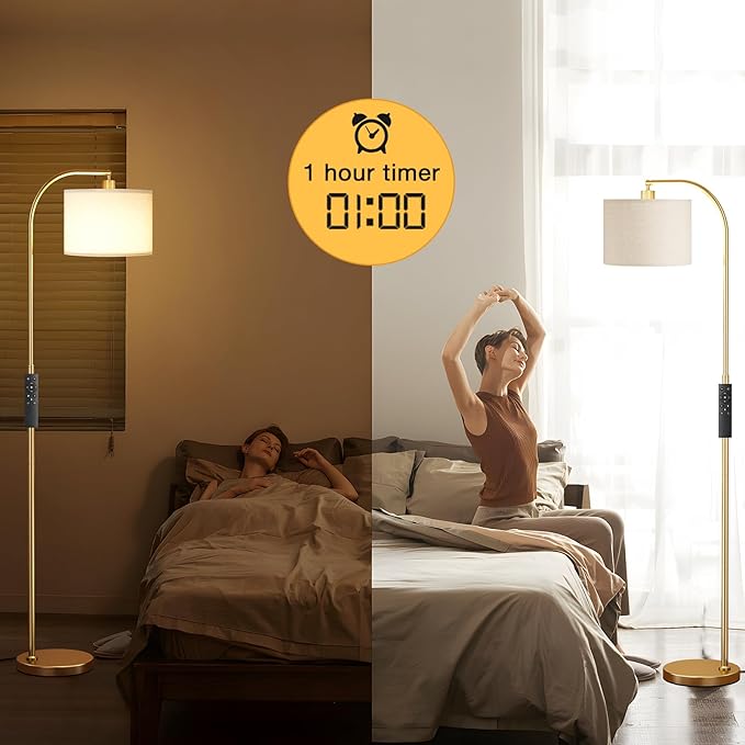 Ambimall Arc Floor Lamp with Remote and Stepless Dimmable Bulb, Colors Temperature & Brightness Adjustable, Gold Floor Lamps for Living Room（Deep Beige Shade & Gold Pole）