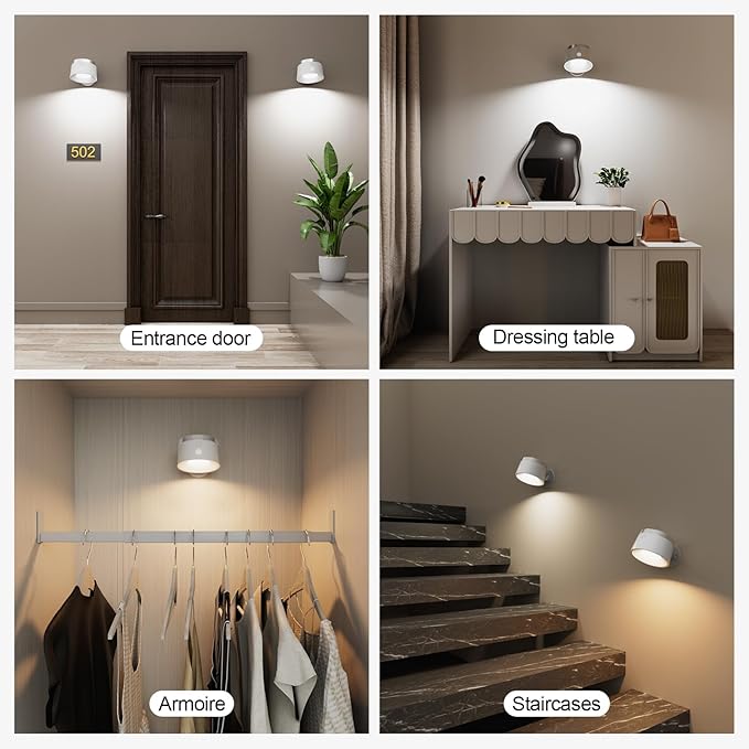 Moobibear Motion Sensor Wall Light Indoor 2Pcs, 3500mAh Rechargeable Battery Operated LED Wall Light, Wall Lamp Wireless with 360 ° Rotation, 3 Color Temperatures for Bedroom, Study, Corridor, Picture