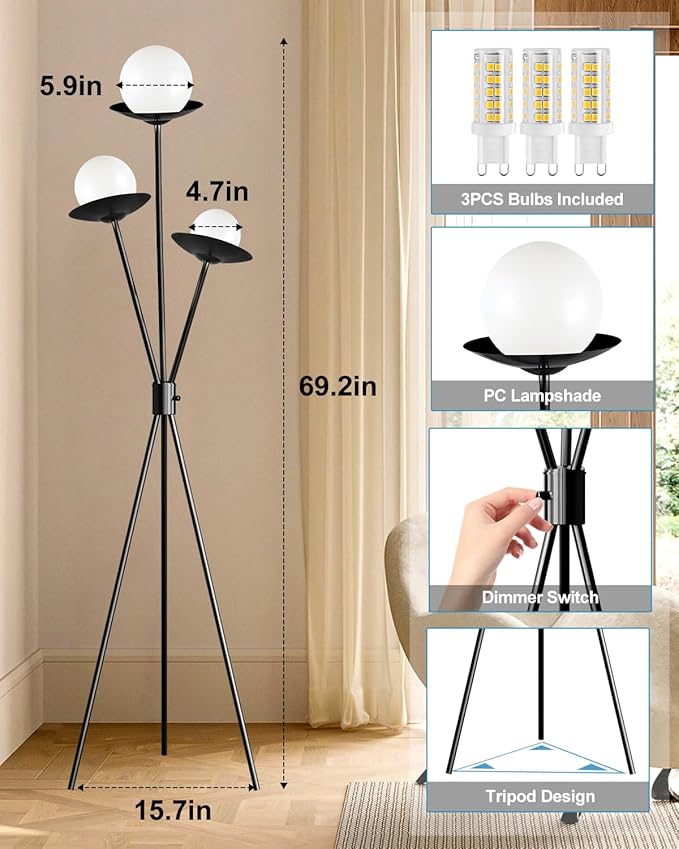 3 Globe Dimmable Tripod Floor Lamp, Mid Century Tree Floor Lamps with 3Pcs 3000K Bulbs Included, Modern Standing Tall Lamp for Living Room Bedroom Home Office Corner-Black