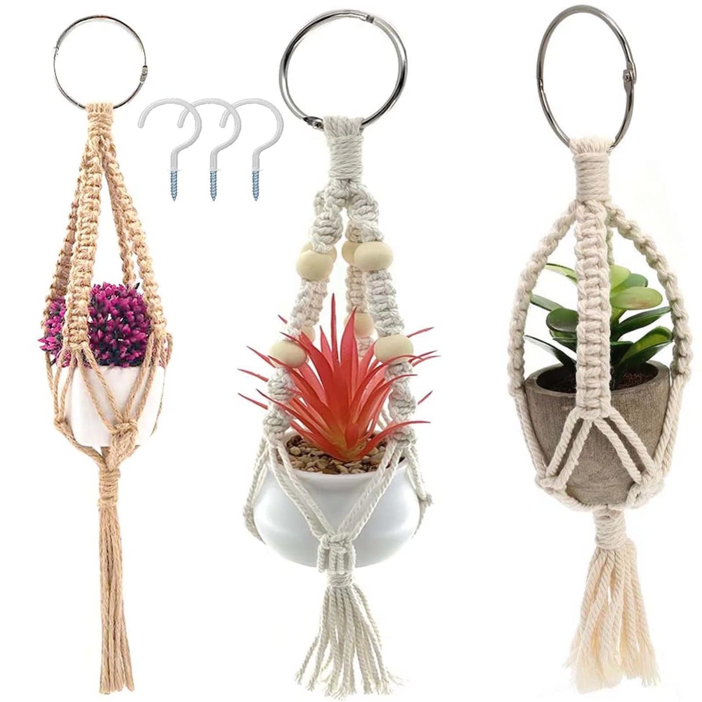 Macrame Plant Hanger 3 Pack Mini Hanging Planter Holder 10.5 Inch Indoor and Outdoor Hanging Planter Rope Boho Handmade Plant Cotton Rope with Beaded, Tassel and 3 Hooks for Home Balcony Decor, Ivory