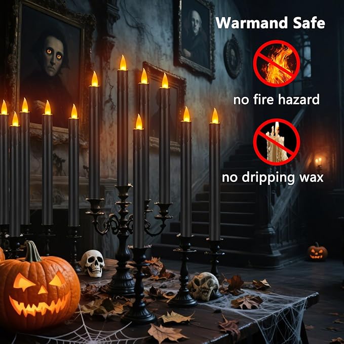 6 Pcs Black Flameless Taper Candles with Remote, 10" Tall Electric Led Candlesticks, Plastic Battery Operated Taper Candles for Halloween Dinner Party Wedding Birthday Home Décor(Black Drip)