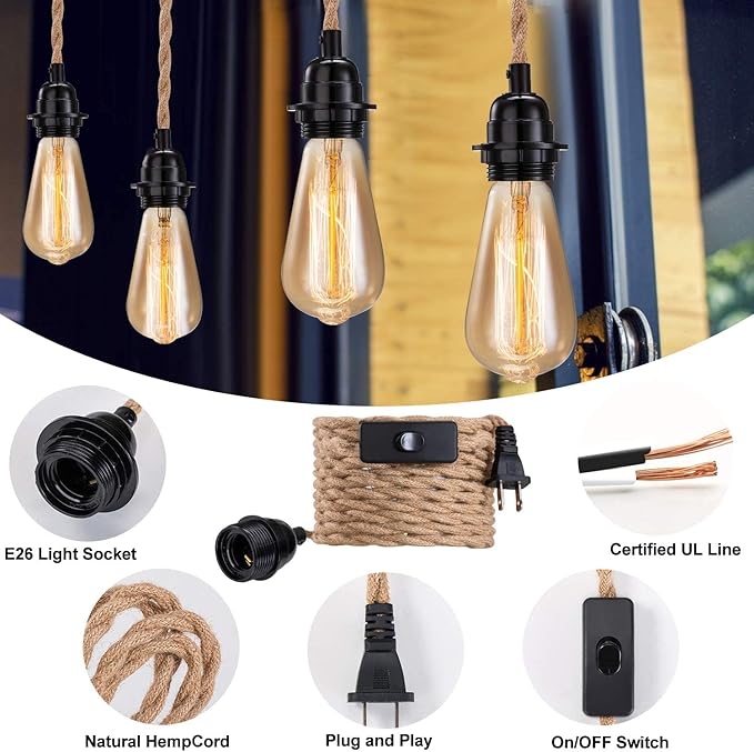 Industrial 15ft Pendant Light Cord -Plug in Hanging Light Fixture, 15FT Farmhouse Pendant Lamp Lights Cord with Switch Cord for Kitchen Island Bedroom Living Room