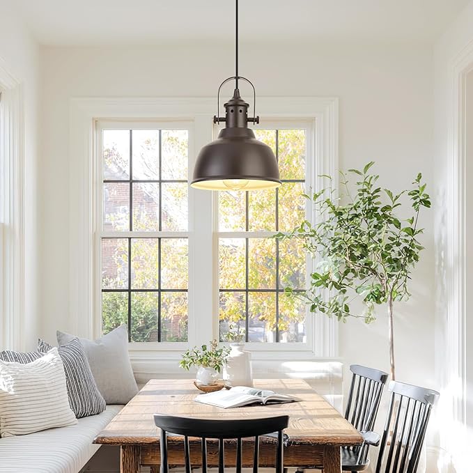 Farmhouse Small Pendant Lights, Oil Rubbed Bronze Pendant Lighting for Kitchen Island, lndustrial Adjustable Height Hanging Light for Barn, Dining Room, 3 Pack