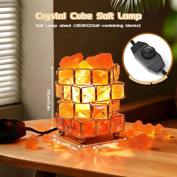 Natural Himalayan Pink Salt Lamp, Dimmable Brightness (Single Lighting Mode), USB Powered, Crystal Salt Rock Lamp for Home Decor, Night Light for Bedroom/Office, ETL Certified Cord (Crystal Cube)