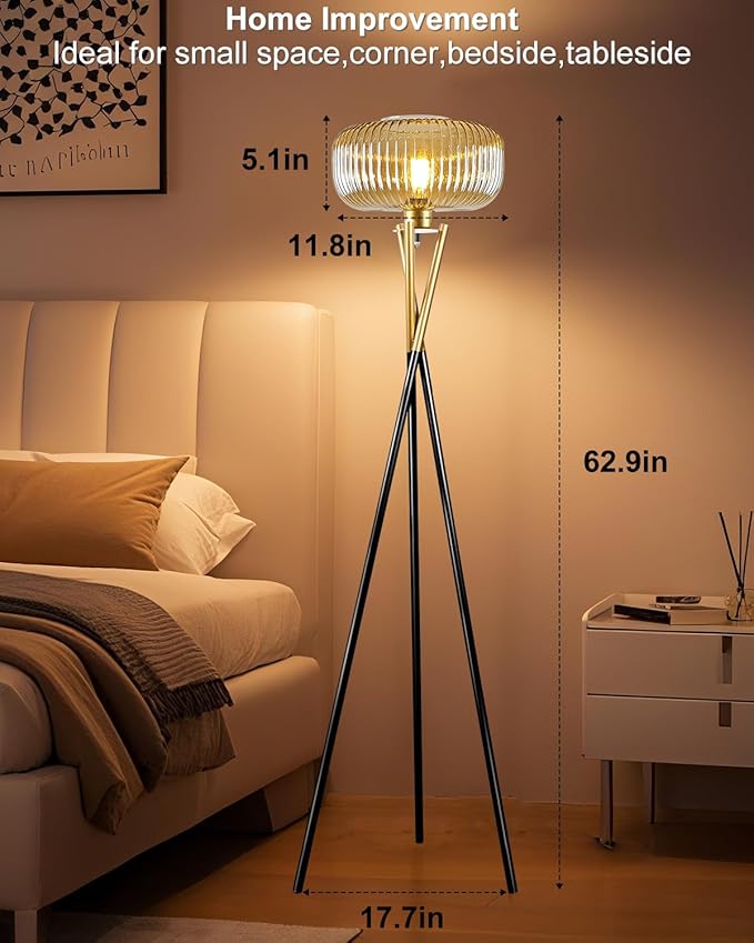 Lightdot Glass Tripod Floor Lamp for Living Room, Modern Gold&Black Standing Lamp with Ribbed Brown Glass Shade, Arc Tall Lamp for Bedroom/Reading Room/Sofa Beside/Corner Decor (Bulb Included)