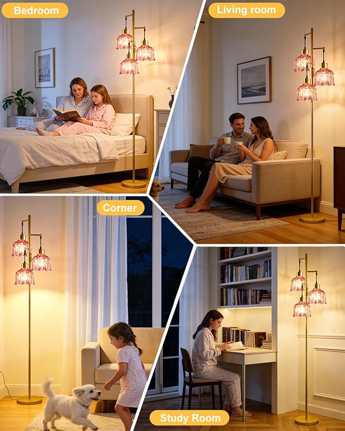 Gold Floor Lamps for Living Room, 3-Light Dimmable Floor Lamp with Rose Red Glass Shade& E12 Bulbs Included, 65'' Mid Century Tall Standing Lamp for Bedroom/Sofa Beside/Corner Decor