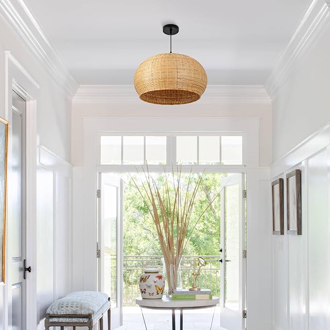 18.93in Bamboo Pendant Lights Wicker Light Hand-Woven Rattan Light Fixture Boho Coastal Ceiling Chandelier Lighting for Beach Kitchen Island Restaurant Hallway Dining Room Bedroom