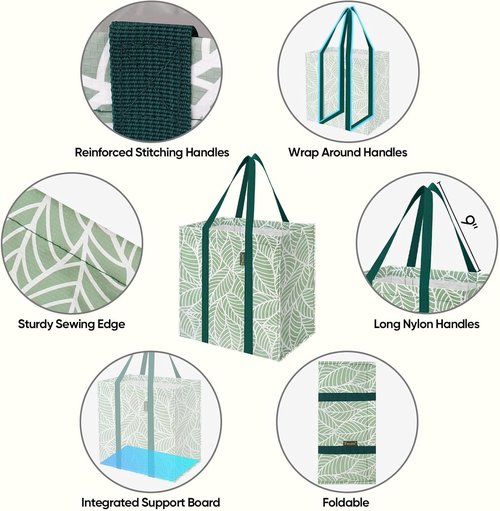 BALEINE Reusable Grocery Bags - Heavy Duty Foldable Tote with Reinforced Bottom | Antique Foliage, 4 Pack
