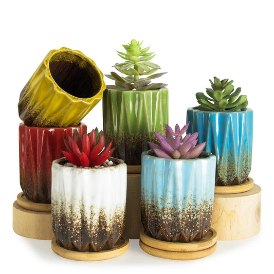ARTKETTY Succulent Pots - 3.15 Inch Small Plant Pots with Drainage Trays Set of 6, Ceramic Pots for Indoor Plants Glazed Cactus Flower Pots Decorative Garden Home