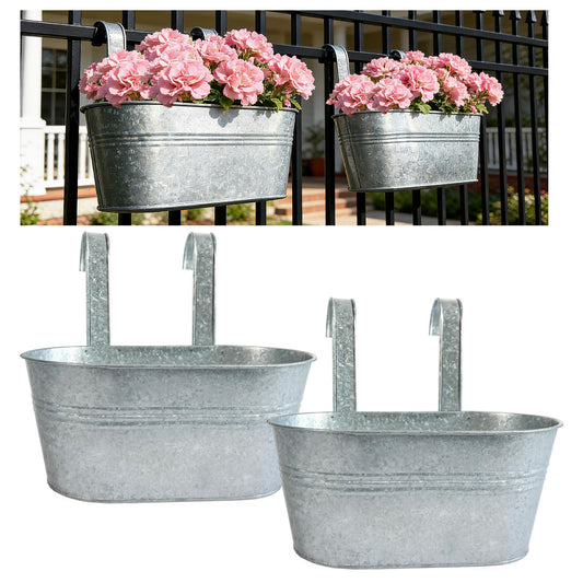 Joyfernal Balcony Galvanized Hanging Planters Railing Flower Pots, Outdoor Metal Fence Planter Pot with Detachable Hooks Drain Hole for Garden Patio Yard Decor (12 Inch, 2Pcs)