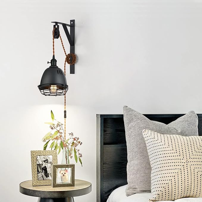 SEEBLEN Vintage Design Industrial Wheel Farmhouse Wall Mount Pulley Wall Pendant Lamp with 7-Foot Brown Plug and Switch, Adjustable Wall Sconce Sand Black Lampshade and Iron Cage Wall Light