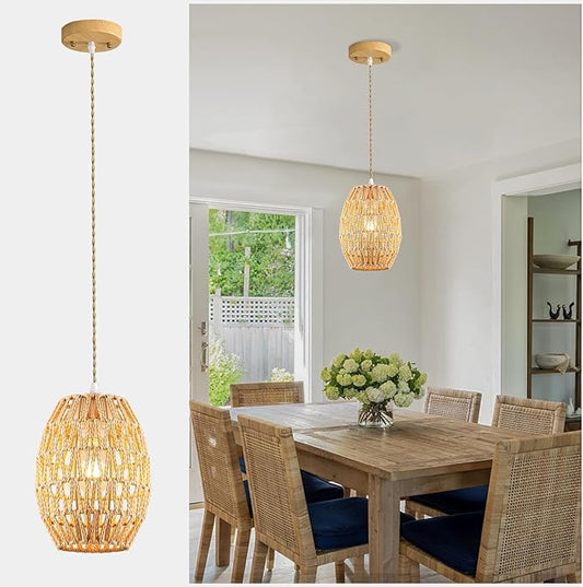 1-Light Rattan Pendant Light, Boho Chandelier Light Fixture, Small Wicker Light Fixture, Wicker Chandelier, for Bedroom Kitchen Island, ETL Listed