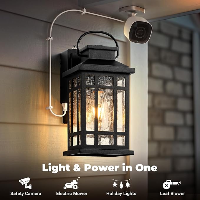 Outdoor Wall Light Fixtures with GFCI Outlet, Black 2-Pack Dusk to Dawn Outside Lighting Fixture, Waterproof Anti-Rust Exterior Lights Fixtures, Porch Light for Front Door, Garage, Backyard