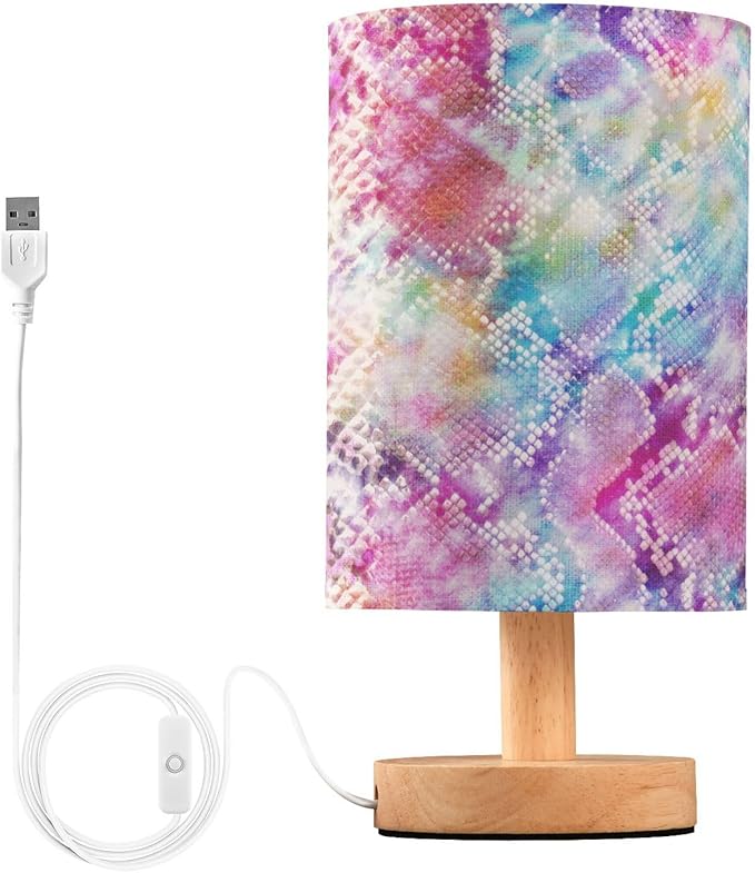 Table Lamp Colorful Tie Dye Snake Print Animal Skin Pattern Nightstand Lamp with Wood Base Fabric Lamp Shade Bedside Desk Lamp for Living Room Bedroom Kids Room Office